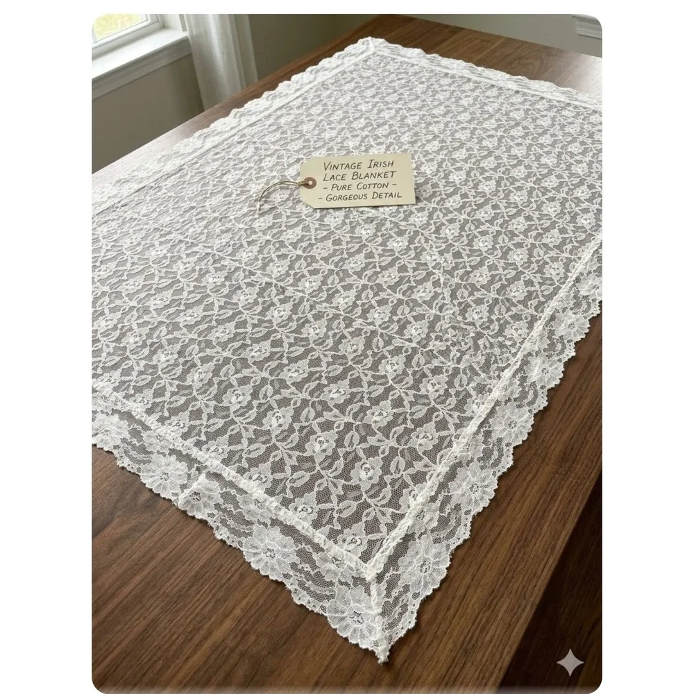 Vintage Irish Lace Blanket Pure Cotton Floral Christening Shawl White Lace